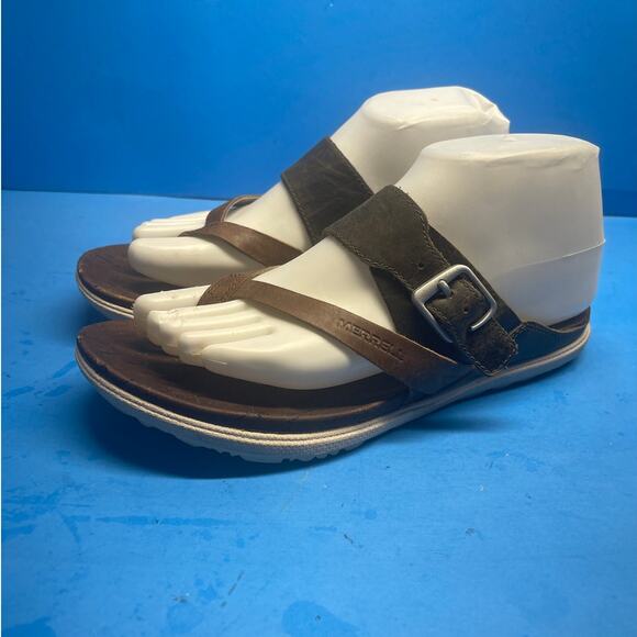 Merrell Around Town Thong Leather Sandals Women Size 8 Brown Flats Buckle Slide - Picture 2 of 10